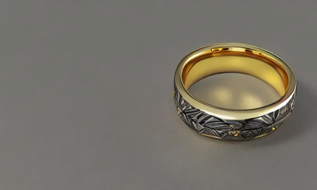 A beautiful gold ring with patterns lies on a gray table. Jewelry on a gray background. generated AI.の素材