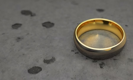 A gold wedding ring is lying on the old floor. Jewelry on a gray background. generated AI.の素材