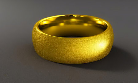 A gold wedding ring is lying on a gray table. Jewelry on a gray background. generated AI.の素材