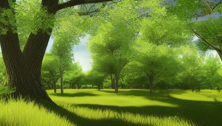 Spring forest with big trees and green grass on a bright spring day. A beautiful park under a blue sky. generated AI.の素材