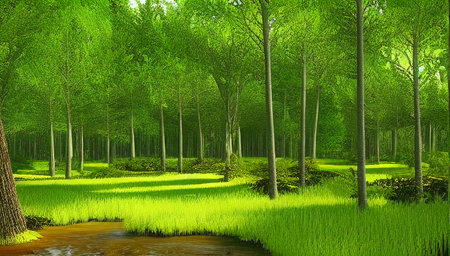 Spring forest with tall trees and green grass on a bright spring day. Beautiful garden with a pond. generated AI.の素材