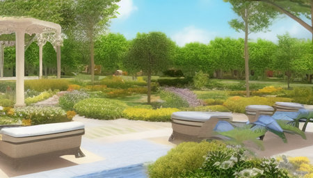 Spring garden with sofas to relax on a bright spring day. A beautiful park under a blue sky. generated AI.の素材