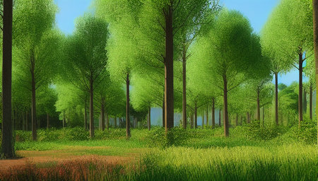 Spring forest with tall trees and green grass on a bright spring day. A beautiful garden under a blue sky. generated AI.の素材
