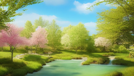Spring forest with tall trees and green grass on a bright spring day. A beautiful garden with a pond under a blue sky. generated AI.の素材