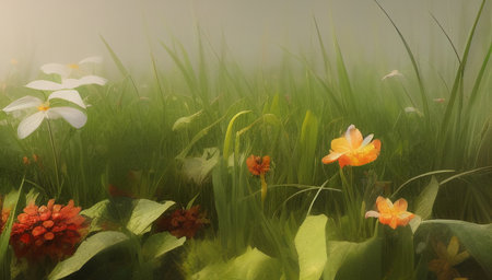 Beautiful spring flowers bloom in the park. Colorful flowers and green grass in the morning mist. generated AI.の素材