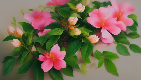 Pink spring flowers with green leaves. Spring bouquet of beautiful flowers. generated AI.の素材