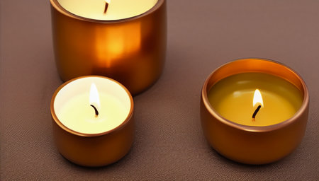 Three candles on the table. Still life with beautiful burning candles on a gray surface. home interior. International Candlelight Day. generated AI.の素材