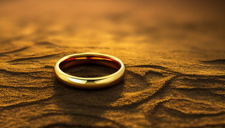 A gold wedding ring is lying on the ground in the sand. A lost piece of jewelry lies on the dirty brown ground in the desert. generated AI.の素材