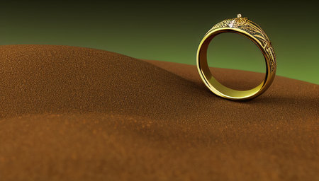 The golden ring lies on a brown surface. A lost piece of jewelry lies on the dirty brown ground. generated AI.の素材
