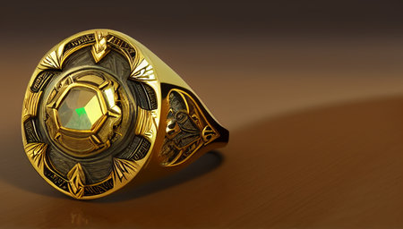 A vintage gold ring lies on a brown surface. An expensive piece of jewelry is lying on a brown table. generated AI.の素材