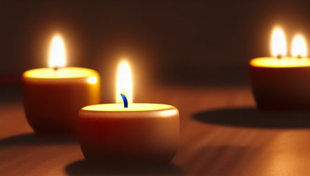 Beautiful tea candles on a brown table. Burning romantic candles. International Candlelight Day. generated AI.の素材