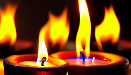 Tea candles on the table in a romantic setting. Flame close-up. Burning romantic candles. International Candlelight Day. generated AI.の素材