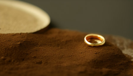 The golden ring is lying on the ground. A lost piece of jewelry lies on the dirty brown ground. generated AI.の素材