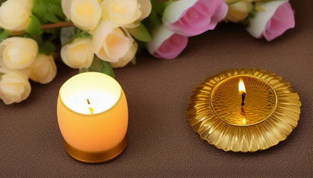 Candles on the table. Still life with beautiful burning candles and white flowers on a brown surface. home interior. International Candlelight Day. generated AI.の素材