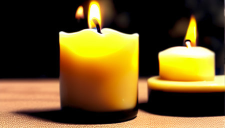 Two burning candles on the table in a romantic setting. Burning romantic candles. International Candlelight Day. generated AI.の素材
