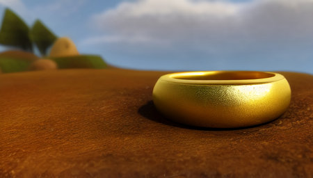 The golden ring lies on a desolate land. A lost piece of jewelry lies on the dirty brown ground. generated AI.の素材