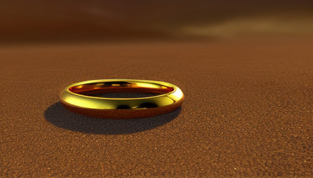 The golden ring lies on a desolate land. A lost piece of jewelry lies on the dirty brown ground in the desert. generated AI.の素材