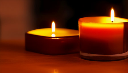 Beautiful tea candles of different sizes on a brown table. Burning romantic candles. International Candlelight Day. generated AI.の素材
