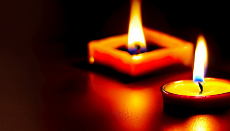 Two candles of different shapes on the table in a romantic setting. Burning romantic candles. International Candlelight Day. generated AI.の素材