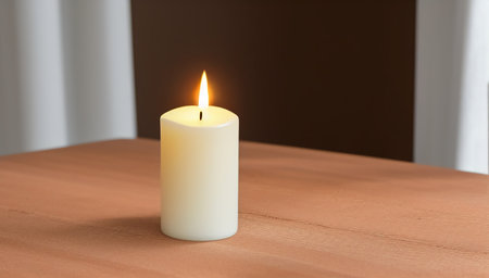 A burning white candle on a wooden table. A burning romantic candle. International Candlelight Day. generated AI.の素材