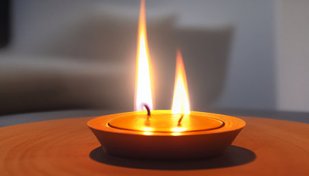 A candle with two burning wicks on the table in a romantic setting. A burning romantic candle. International Candlelight Day. generated AI.の素材