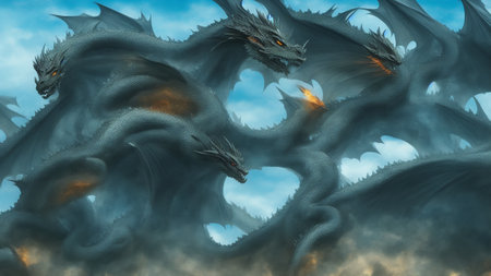 Abstraction with blue dragons. fantasy world. dragon heads. blue background. generated AI.の素材