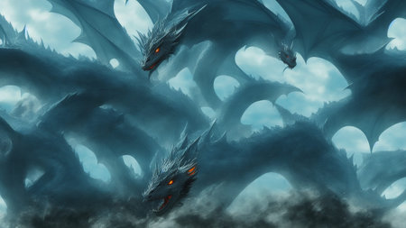 Abstraction with blue dragons. blue background. fantasy world. dragon heads. generated AI.の素材