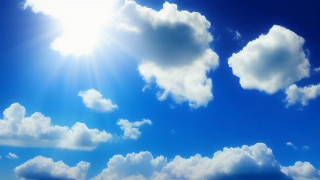 Bright sun in the sky among white fluffy clouds. Sunlight in the blue sky. Generated by A.I. International Sun Day.の素材