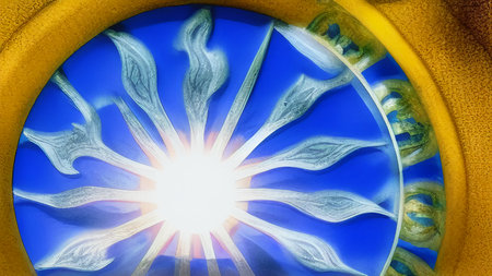 A painted Symbol of the Sun. An ancient drawing of the Sun in yellow and blue colors. Generated by A.I. International Sun Day.の素材
