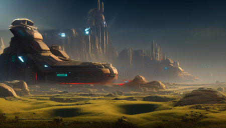 A fantastic landscape with unearthly buildings against the blue sky. The city of an extraterrestrial civilization. fantasy world. generated AI.の素材