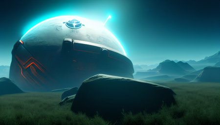 fantasy landscape. A space base on an uninhabited planet. An extraterrestrial civilization. A fantasy world. generated AI.の素材