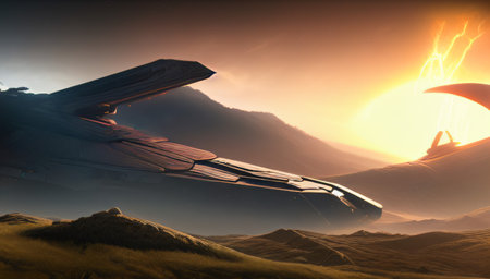 fantasy landscape. A fallen spaceship on an uninhabited planet. An extraterrestrial civilization. A fantasy world. generated AI.の素材