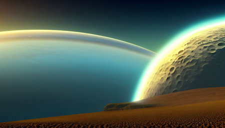 Bright planets in the boundless space. Bright horizon. Fantasy world. Generated AI.の素材