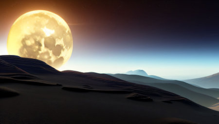 A bright yellow planet beyond the horizon. Unknown planets in the boundless cosmos. Fantasy world. Generated AI.の素材