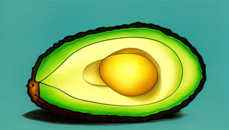 Avocado cut in half on a turquoise surface. One half of an avocado. Drawing of an avocado. Generated AI.の素材