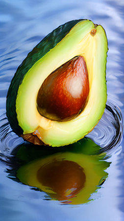 Half an avocado is lying in a puddle of water. Ripe avocado with a brown stone close-up. Generated AI.の素材