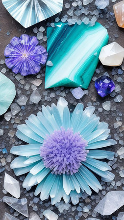 A composition of precious stones and blue flowers. A postcard with diamonds and sapphires. Wallpapers for the smartphone screen. The generated AI.の素材