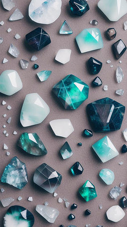 Scattered gems in turquoise, white and green colors. Wallpapers for the smartphone screen. The generated AI.の素材