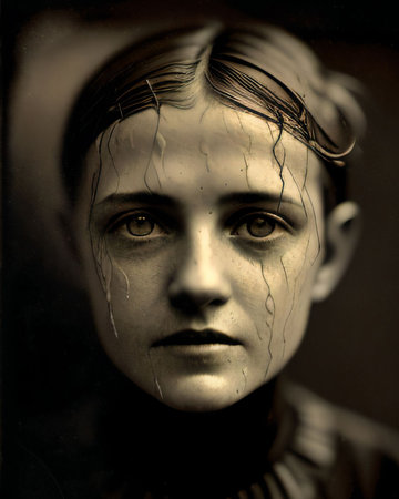 Black and white portrait of a horror girl. An old photo of a child. The generated AI.の素材