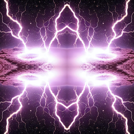 Seamless background with bright purple lightning bolts on a cosmic background. Black and purple...