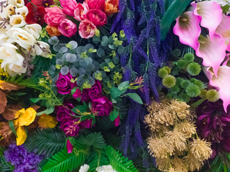 Bright floral background with beautiful, colorful flowers. Beautiful wall of colorful flowers. Close-up of flowers.の写真素材