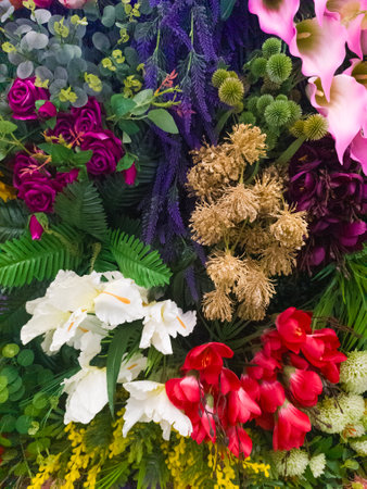 Bright floral background with beautiful, colorful flowers. A beautiful wall of bright, colorful flowers. Close-up. Vertical image.の写真素材