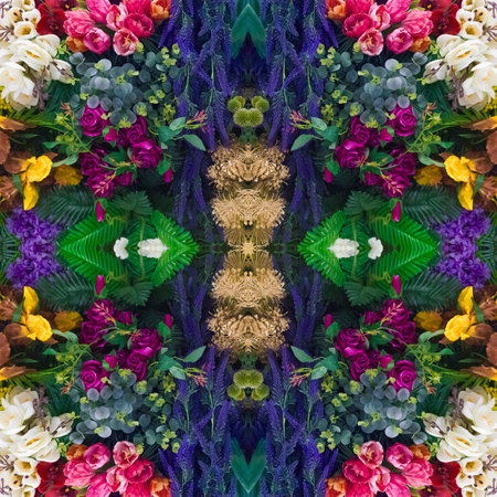 Bright floral background with beautiful, colorful flowers. Beautiful wall of colorful flowers. Close-up of flowers. Seamless image. Symmetricalの写真素材