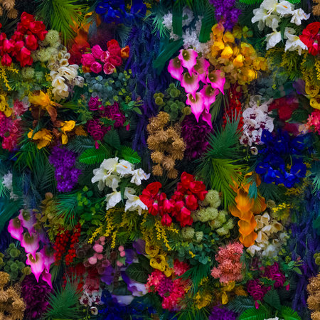 Bright floral background with beautiful, colorful flowers. A beautiful wall of bright, colorful flowers. Seamless image.の写真素材