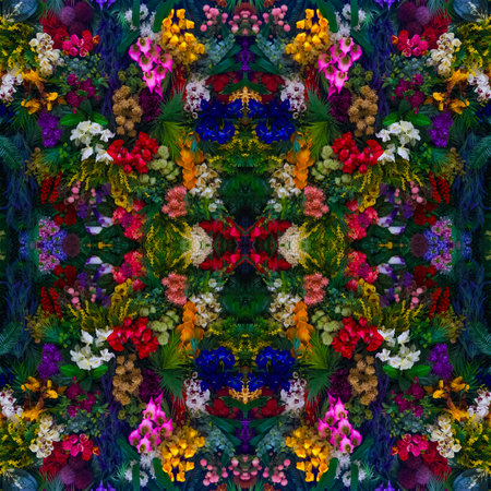 Bright floral background with beautiful, colorful flowers. A beautiful wall of bright, colorful flowers. Seamless image. Symmetricalの写真素材