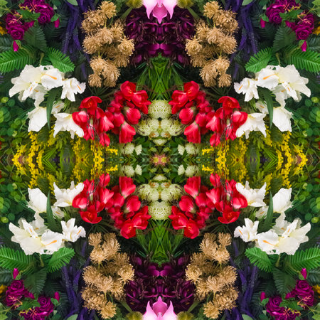 Bright floral background with beautiful, colorful flowers. A beautiful wall of bright, colorful flowers. Close-up. Vertical image. Seamless image. Symmetricalの写真素材