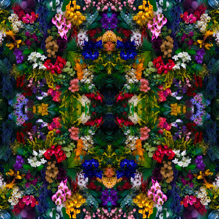Bright floral background with beautiful, colorful flowers. A beautiful wall of bright, colorful flowers. Vertical image. Seamless image. Symmetricalの写真素材