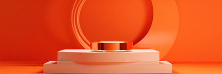 A orange podium on a bright background. Exhibition scene for promotion brand. 3d render composition. Stage for the presentation of new products. Generate AIの素材