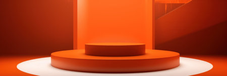 A orange podium on a bright background. Exhibition scene for promotion brand. 3d render composition. Stage for the presentation of new products. Generate AIの素材