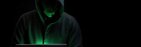 Hacker without face in a hood holds a laptop. on a dark background. Banner for cyber security. Internet web hack technology. Digital laptop in hacker man hand isolated on black. Generate AI.の素材
